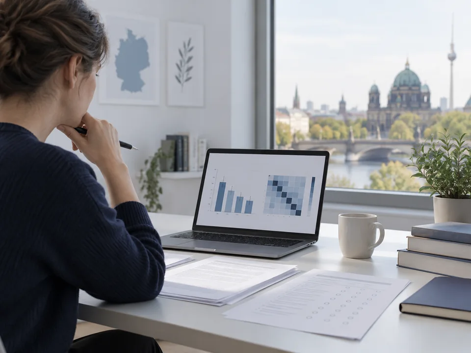 A person reviewing survey materials and charts in a fictional office overlooking a European city. AI-generated illustration.