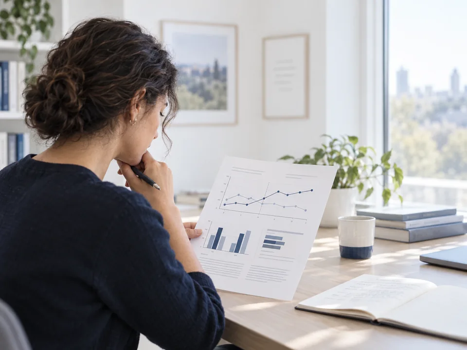 A person reviewing printed charts beside a window. AI-generated illustration.