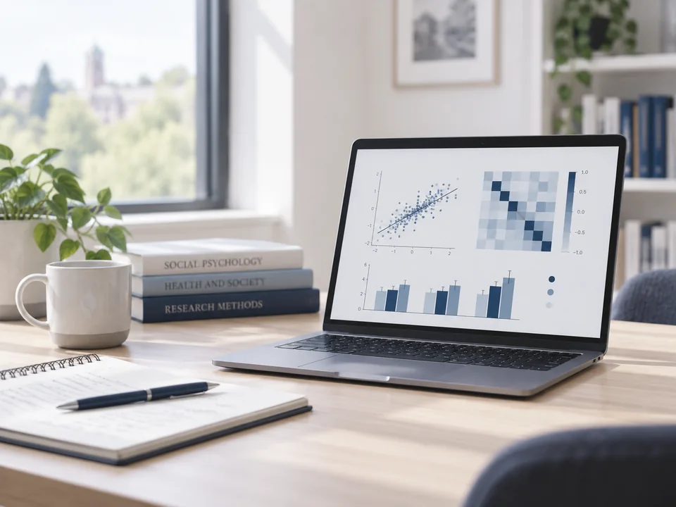 Laptop and notebook on a desk, with illustrative statistical graphics on the screen. AI-generated illustration.