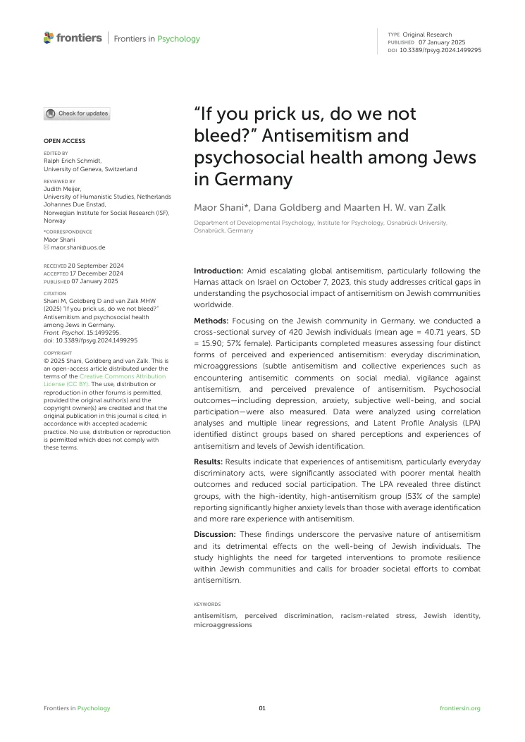 First-page preview of “If you prick us, do we not bleed?” Antisemitism and psychosocial health among Jews in Germany