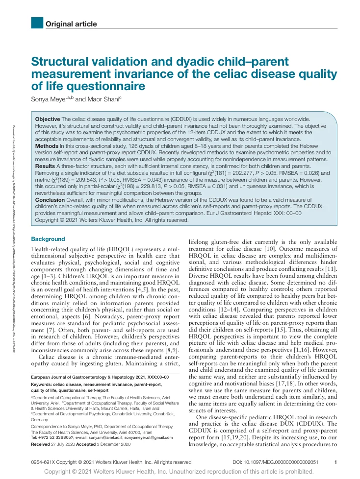 First-page preview of Structural validation and dyadic child-parent measurement invariance of the celiac disease quality of life questionnaire
