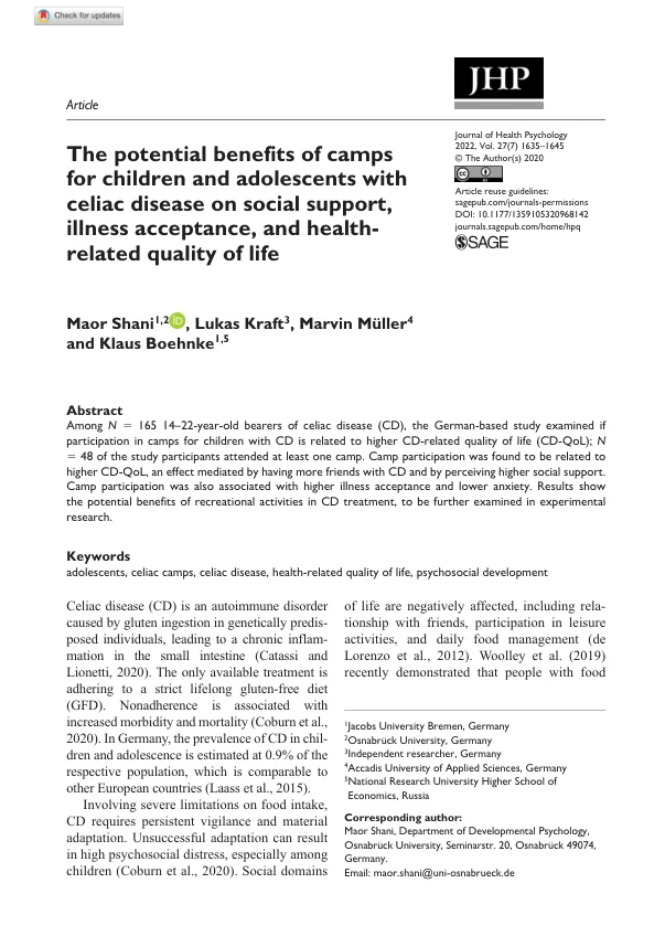 First-page preview of The potential benefits of camps for children and adolescents with celiac disease on social support, illness acceptance, and health-related quality of life