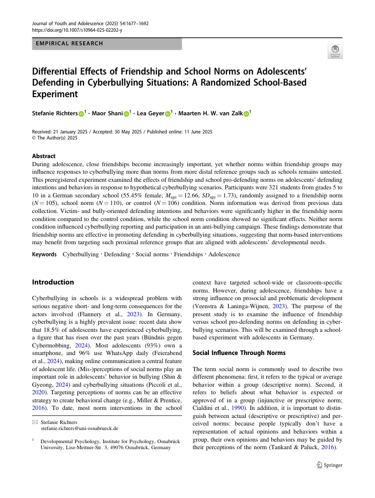 First-page preview of Differential effects of friendship and school norms on adolescents’ defending in cyberbullying situations: A randomized school-based experiment