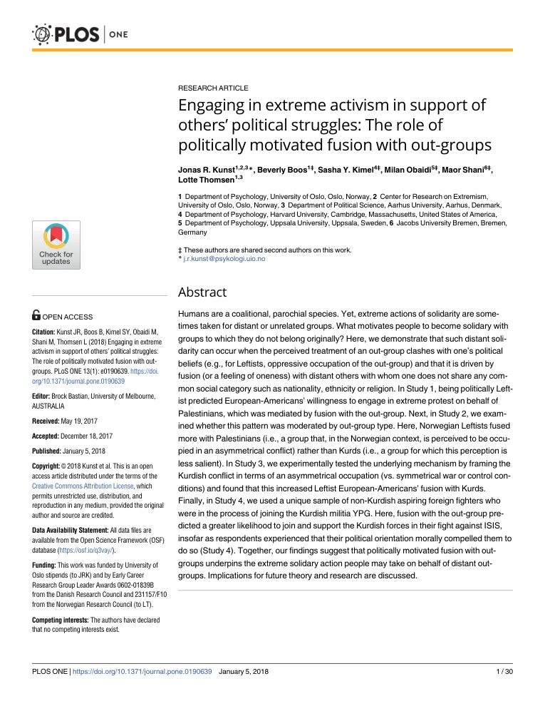 First-page preview of Engaging in extreme activism in support of others’ political struggles: The role of politically motivated fusion with out-groups