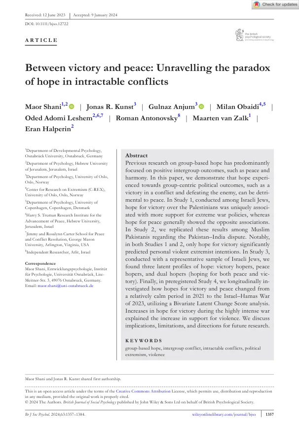 First-page preview of Between victory and peace: Unravelling the paradox of hope in intractable conflicts