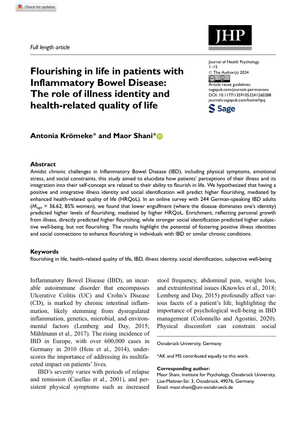 First-page preview of Flourishing in life in patients with Inflammatory Bowel Disease: The role of illness identity and health-related quality of life