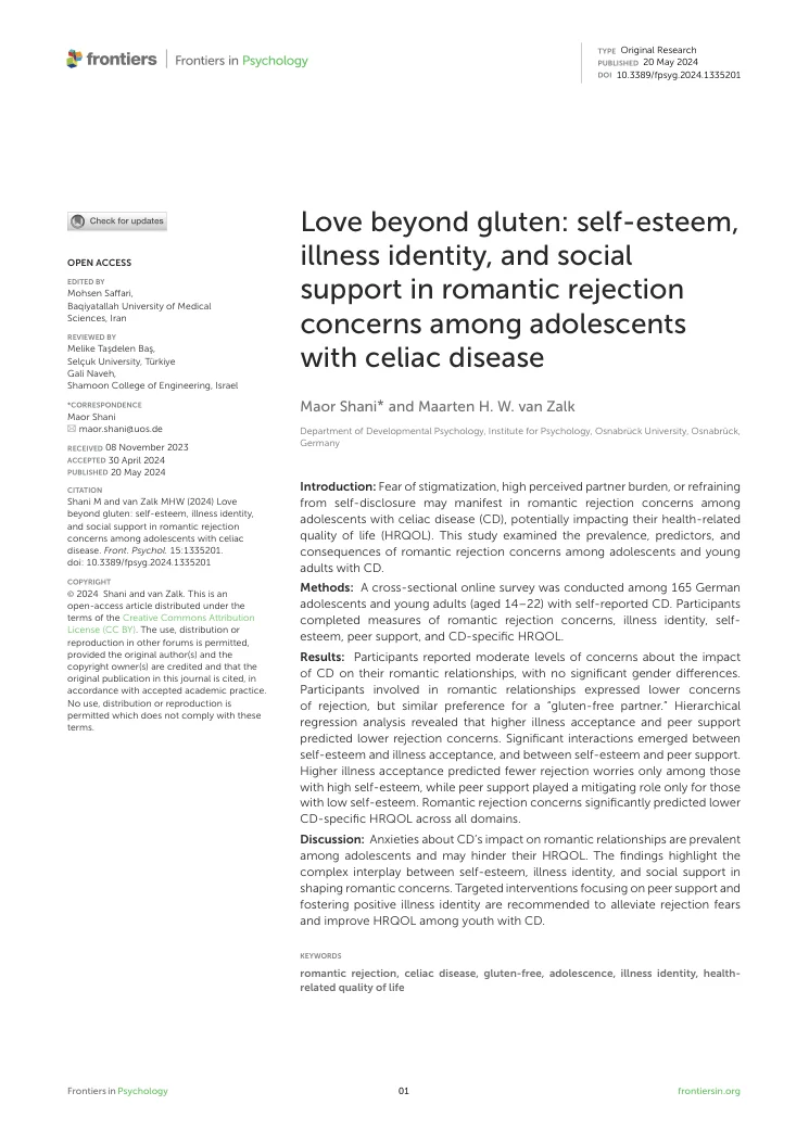 First-page preview of Love beyond gluten: Self-esteem, illness identity, and social support in romantic rejection concerns among adolescents with celiac disease