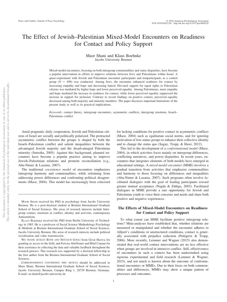 First-page preview of The effect of Jewish–Palestinian mixed-model encounters on readiness for contact and policy support