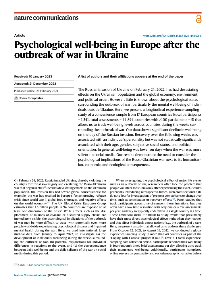 First-page preview of Psychological well-being in Europe after the outbreak of war in Ukraine