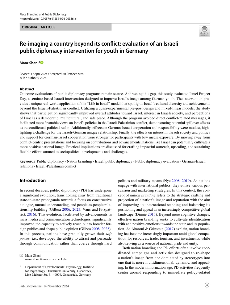 First-page preview of Re-imaging a country beyond its conflict: Evaluation of an Israeli public diplomacy intervention for youth in Germany