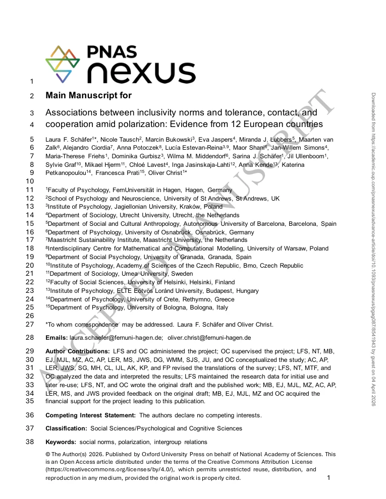 First-page preview of Associations between inclusivity norms and tolerance, contact, and cooperation amid polarization: Evidence from 12 European countries