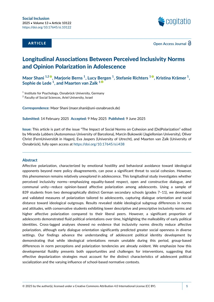 First-page preview of Longitudinal associations between perceived inclusivity norms and opinion polarization in adolescence