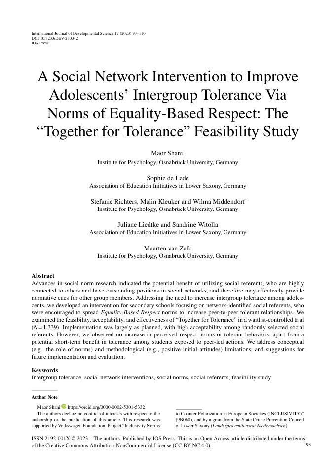 First-page preview of A social network intervention to improve adolescents’ intergroup tolerance via norms of equality-based respect: The “Together for Tolerance” feasibility study