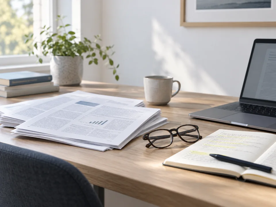 Printed articles, a notebook, and glasses on a desk. AI-generated illustration.