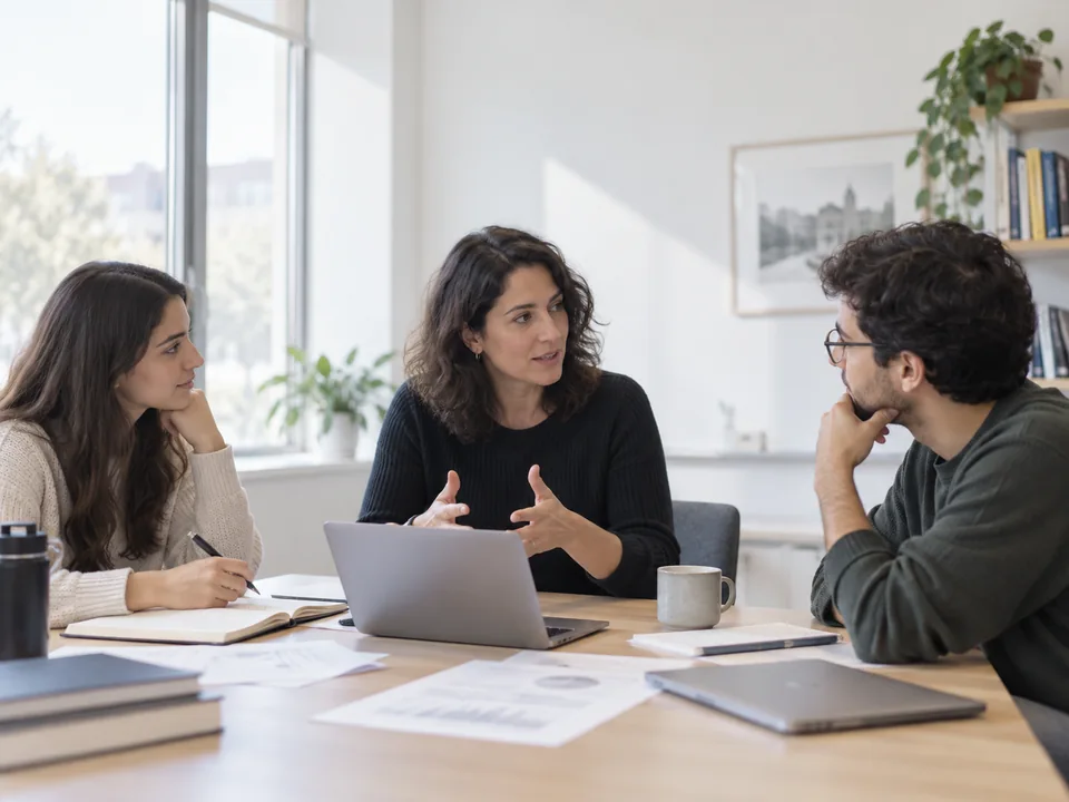 Three adults discussing research around a table in a fictional university setting. AI-generated illustration.
